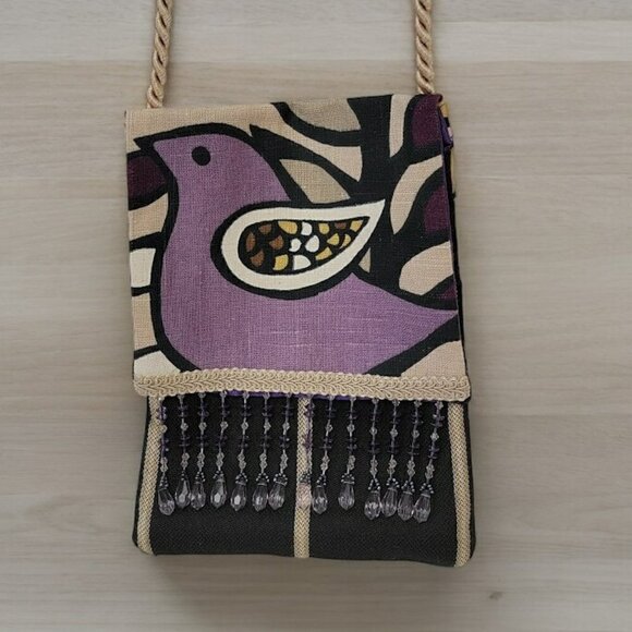 Adorable Crossbody Bag with Birds and Beads with Purple Satin Lining - Picture 1 of 10